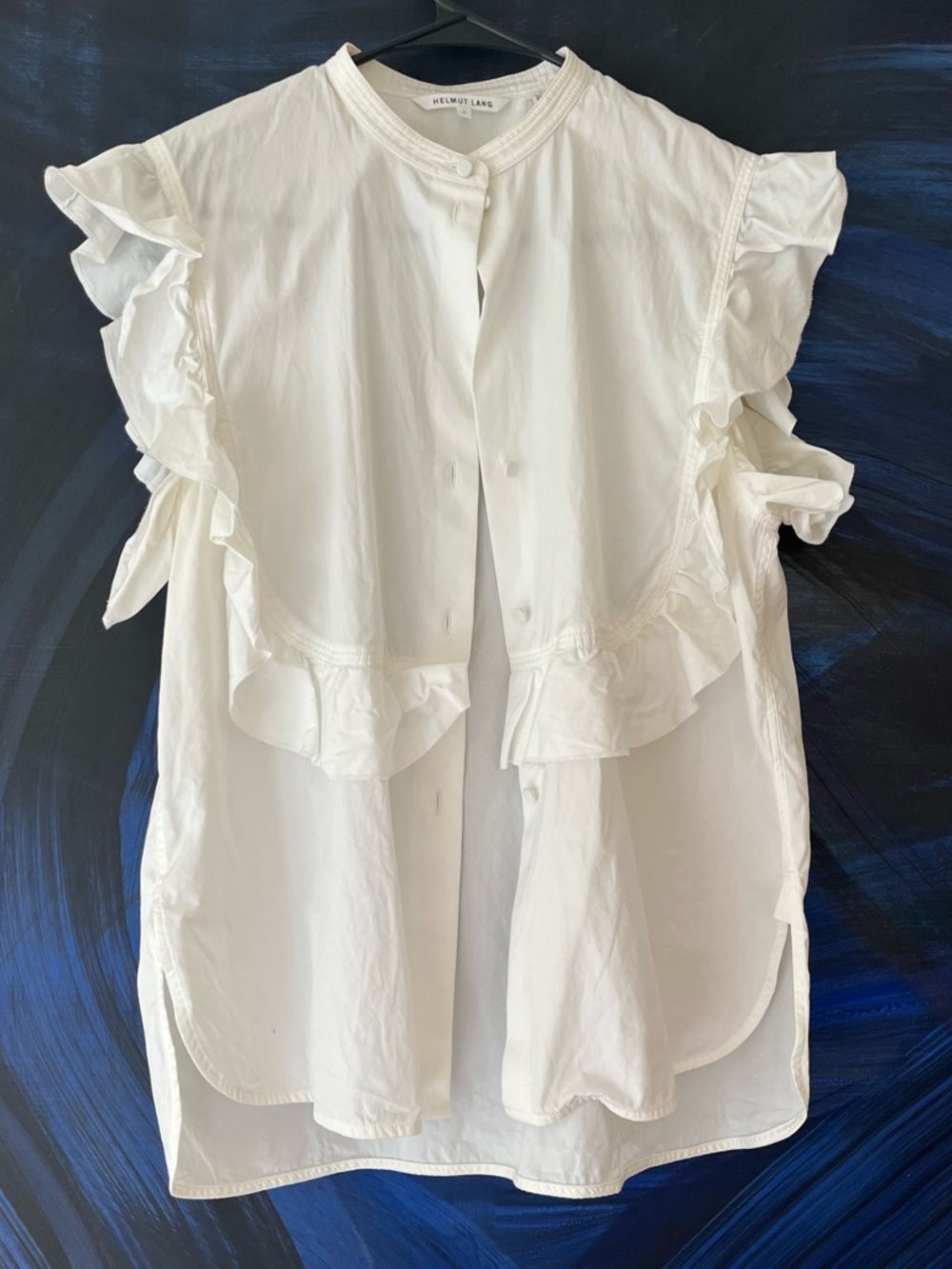 Helmut Lang White Ruffled Cap-Sleeve Button Front Blouse